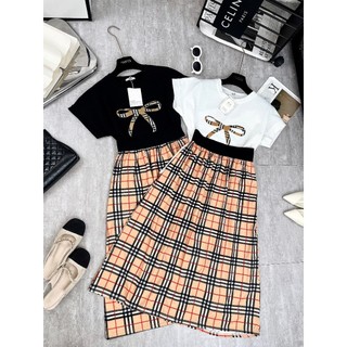 Set Bộ Đồ Áo Phông Thêu Nơ kẻ Mix Chân Váy Kẻ BBR Dáng Dài Siêu Xinh Freesize