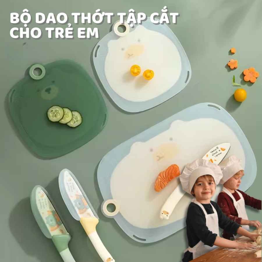Bộ Dao Thớt Tập Cắt Cho Bé 5-10 tuổi Moli Cao Cấp Có Móc Treo Chống Trượt Chống Ẩm Mốc Dễ Vệ Sinh