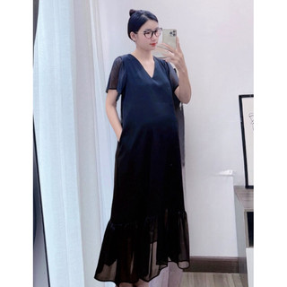 Đầm bầu dáng dài  ViBa [VB12] màu đen cổ tim có 2 túi