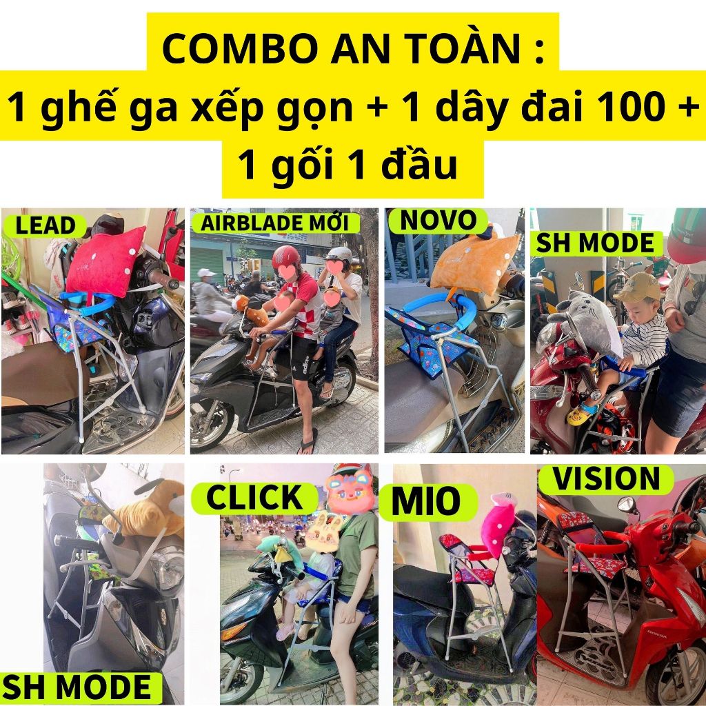 [ GHẾ + DÂY + GỐI 1 ĐẦU ] Combo An Toàn : 1 ghế ga xếp sắt sơn xếp gọn + 1 dây đai 100cm + 1 gối 1 đầu đi xe máy cho bé
