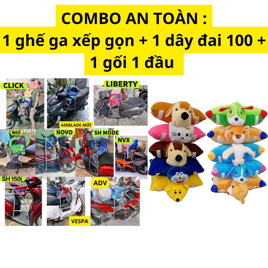 [ GHẾ + DÂY + GỐI 1 ĐẦU ] Combo An Toàn : 1 ghế ga xếp sắt sơn xếp gọn + 1 dây đai 100cm + 1 gối 1 đầu đi xe máy cho bé