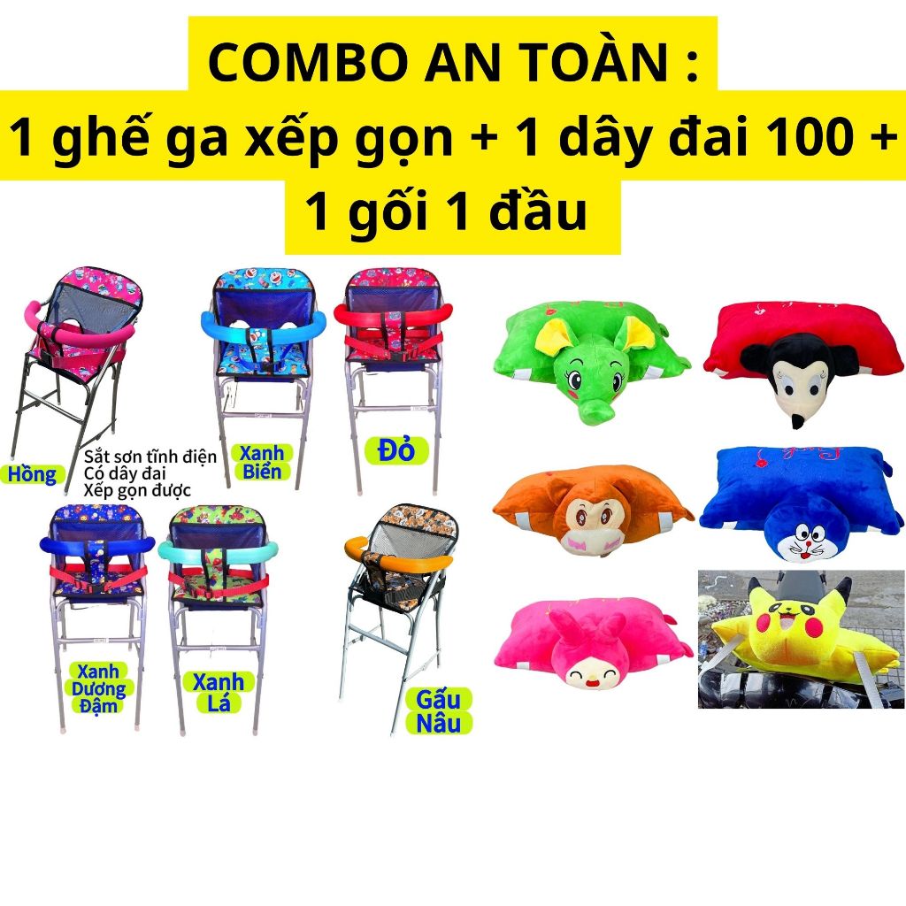 [ GHẾ + DÂY + GỐI 1 ĐẦU ] Combo An Toàn : 1 ghế ga xếp sắt sơn xếp gọn + 1 dây đai 100cm + 1 gối 1 đầu đi xe máy cho bé