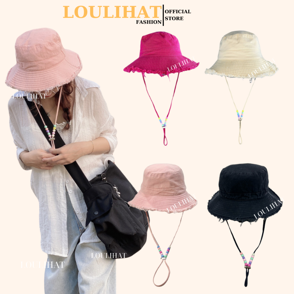 Nón tai bèo tua ra viền rách Trơn gắn hạt màu LOULIHAT, mũ bucket chống ...