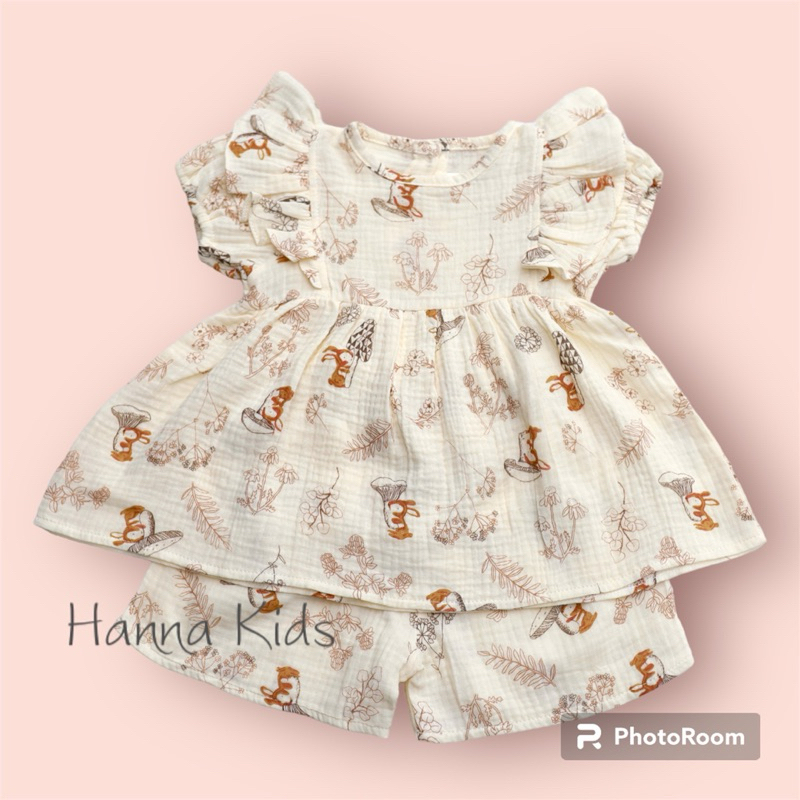 Bộ Quần Áo Bé Gái Mùa Hè Vải Xô Muslin, Áo Bèo Tay Cánh Tiên Kèm Quần Short - Bộ Xô Cộc Tay Cho Bé Từ 6-19Kg