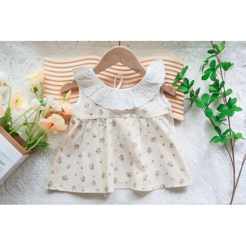 Váy Tiểu Thư Hoa Nhí Sát Nách Cổ Ren Cho Bé Gái