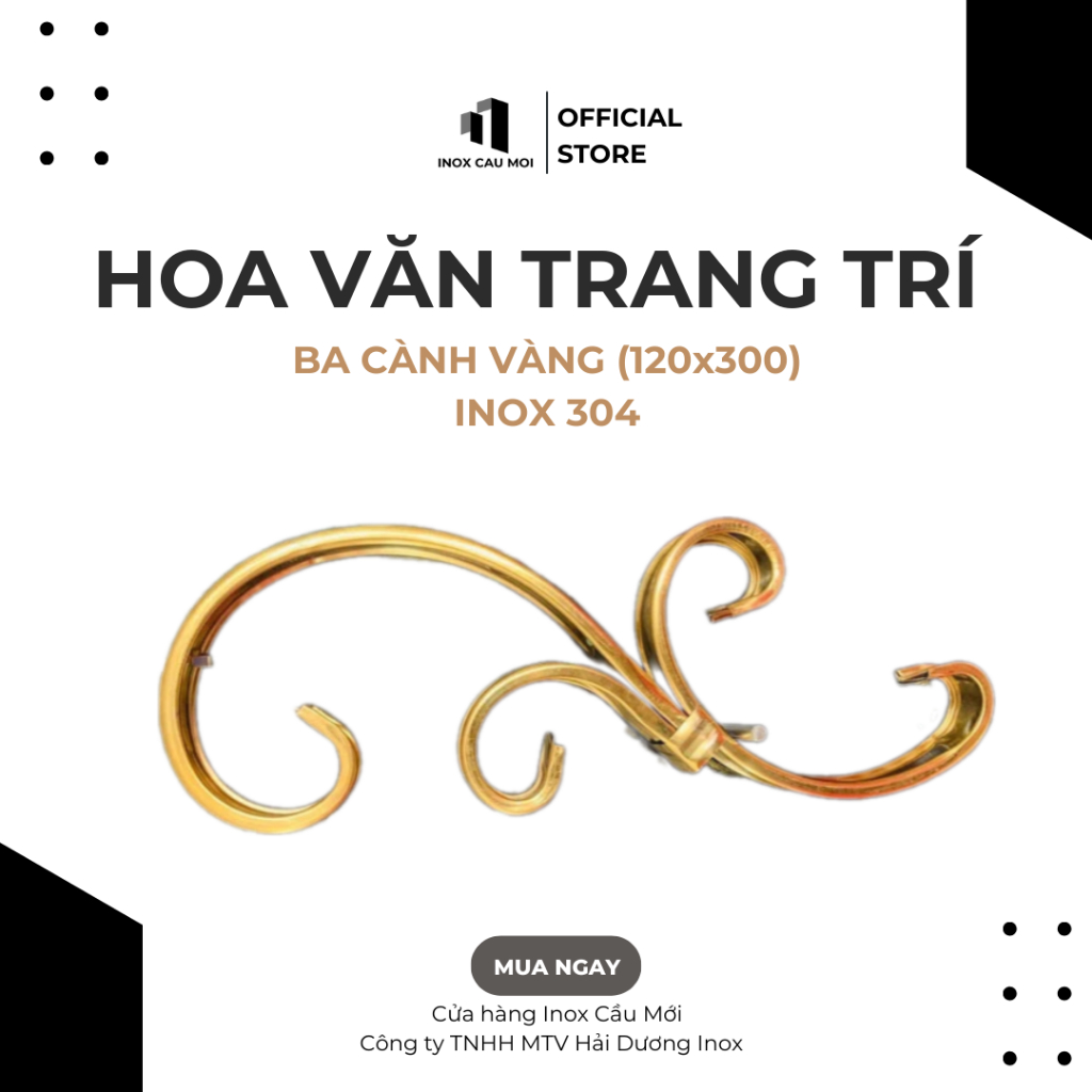 Ba cành vàng inox 304 kích thước 120x300mm, hoa văn trang trí inox lan can