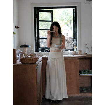 Chân váy dài, chân váy dáng dài linen, chân váy xòe dáng dài basic 2 tầng cạp trễ