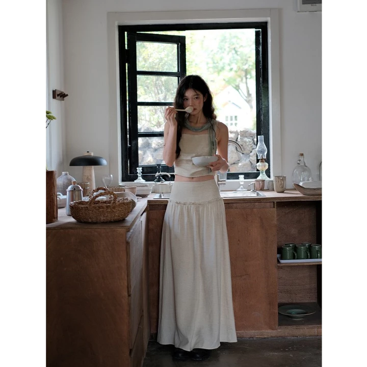 Chân váy dài, chân váy dáng dài linen, chân váy xòe dáng dài basic 2 tầng cạp trễ