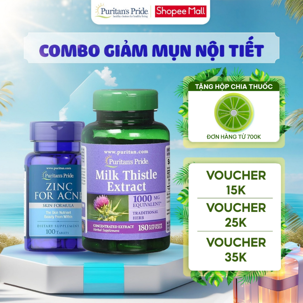 Combo giảm mụn nội tiết kiểm dầu, mát gan Puritan's Pride Zinc For Acne