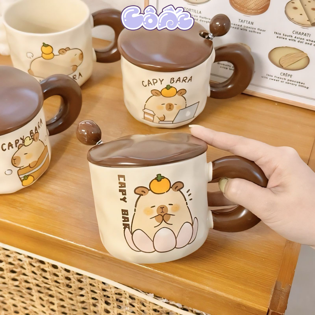 Cốc Sứ Kim Cương Cao Cấp Capy Bara Cute Quà Tặng Ý Nghĩa Có Nắp + Thìa ...