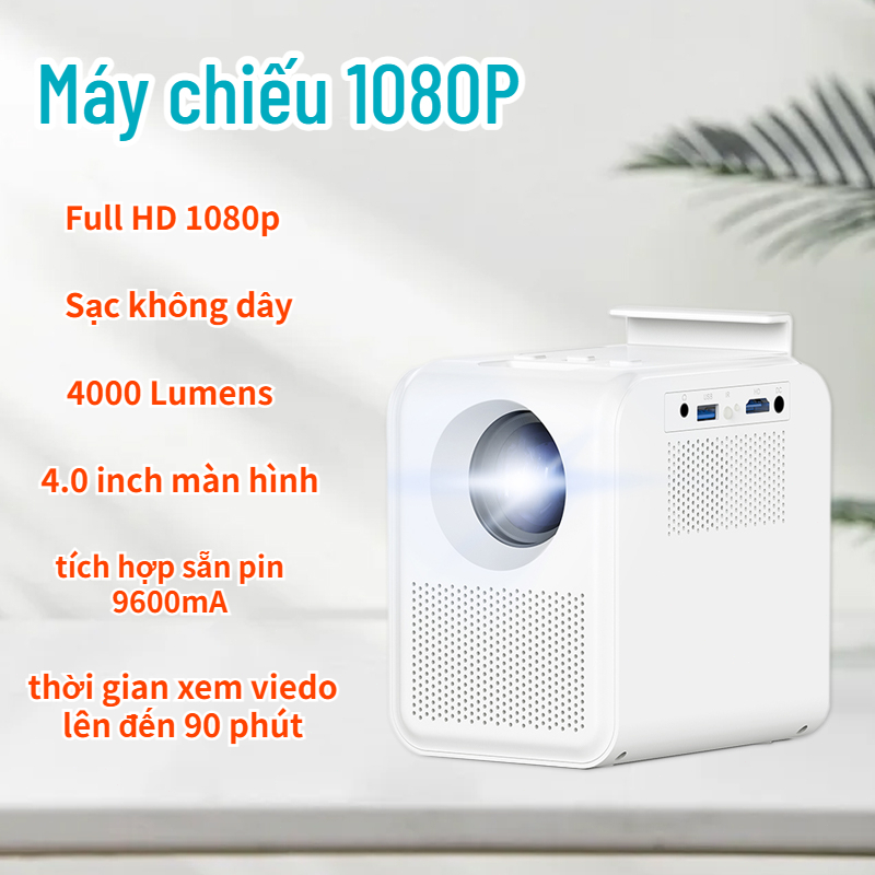 Máy Chiếu mini 1080P Projector 4K sạc không dây tích hợp sẵn pin 9600mA ...