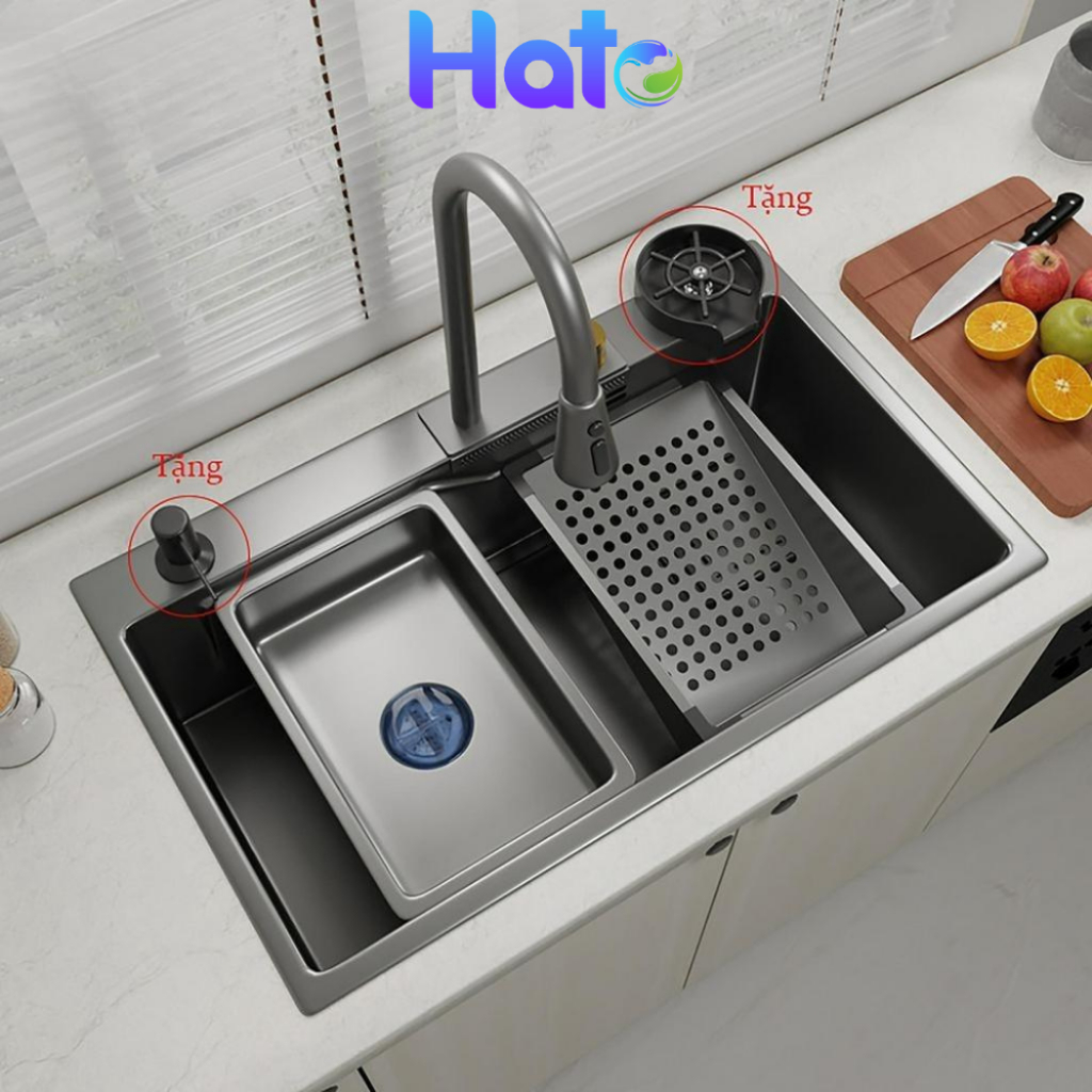 Chậu Rửa Bát 1 Hố Hato INOX 304 Cao Cấp Phủ Nano, Bồn Rửa Chén 1 Ngăn Kèm Vòi Thác Nước, Dây Rút,Thớt, Khay Rửa, Xiphong