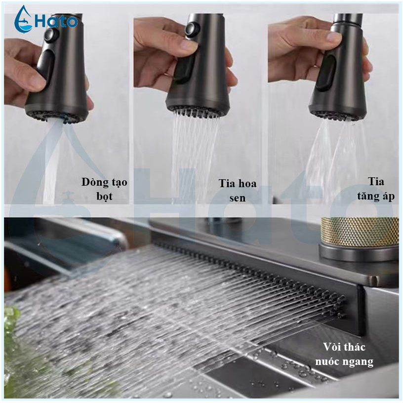 Chậu Rửa Bát 1 Hố Hato INOX 304 Cao Cấp Phủ Nano, Bồn Rửa Chén 1 Ngăn Kèm Vòi Thác Nước, Dây Rút,Thớt, Khay Rửa, Xiphong