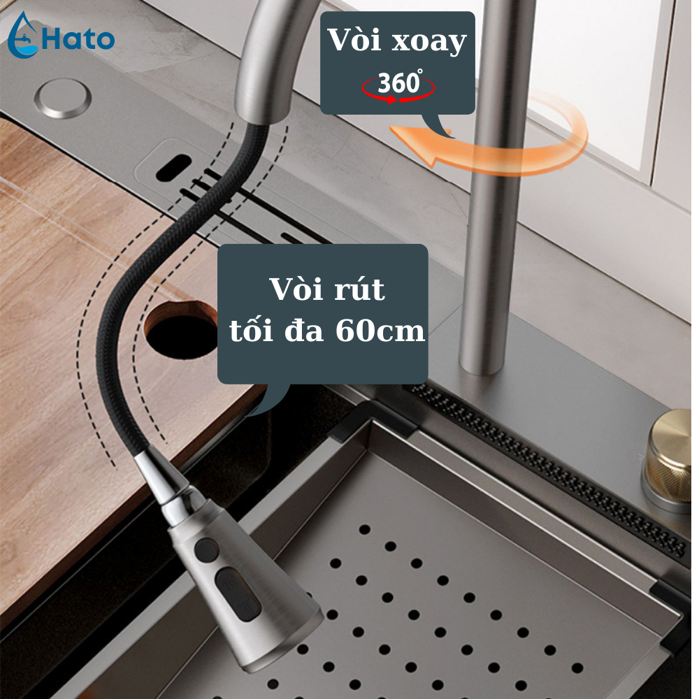 Chậu Rửa Bát 1 Hố Hato INOX 304 Cao Cấp Phủ Nano, Bồn Rửa Chén 1 Ngăn Kèm Vòi Thác Nước, Dây Rút,Thớt, Khay Rửa, Xiphong