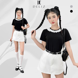 Áo kiểu nữ cổ tròn phối ren đính nơ ngắn tay form vừa chất cotton mát phong cách tiểu thư basic AK01