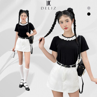 (SALE) Áo kiểu nữ cổ tròn phối ren đính nơ ngắn tay form vừa chất cotton mát phong cách tiểu thư basic AK01