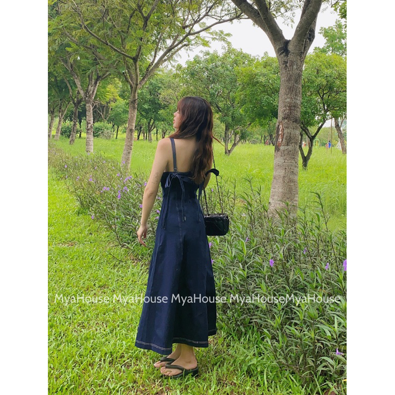 Đầm midi jean denim 2 dây