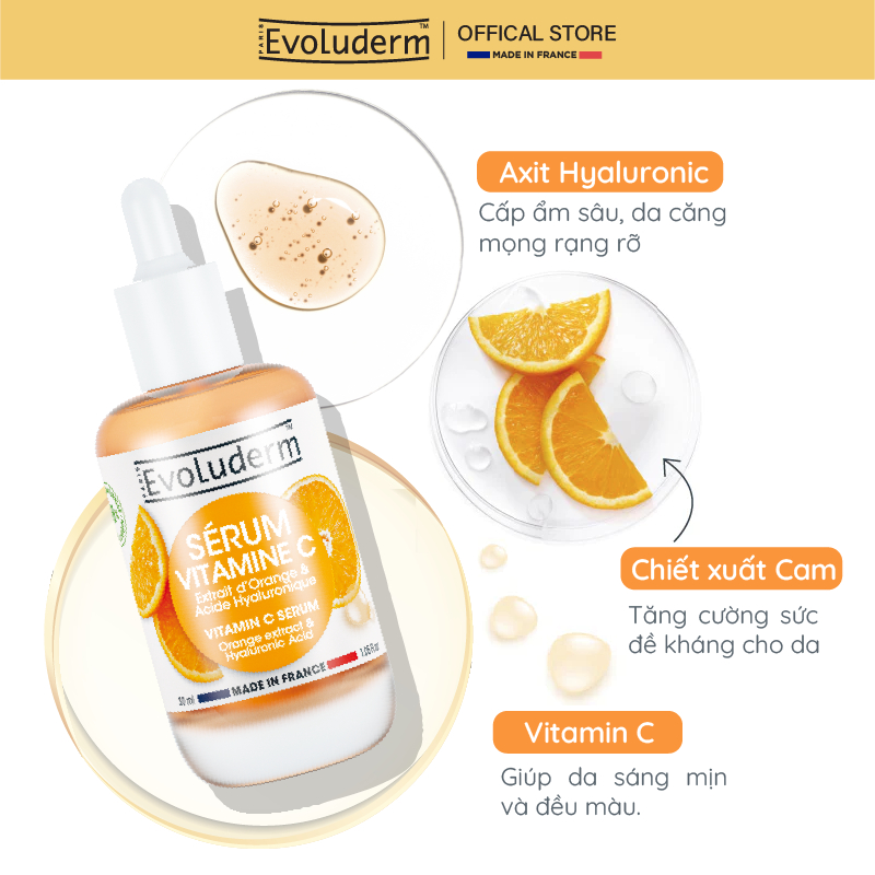 Tinh chất EVOLUDERM VITAMIN C SERUM giúp sáng da mờ thâm, dưỡng da mịn màng tươi sáng 30ml