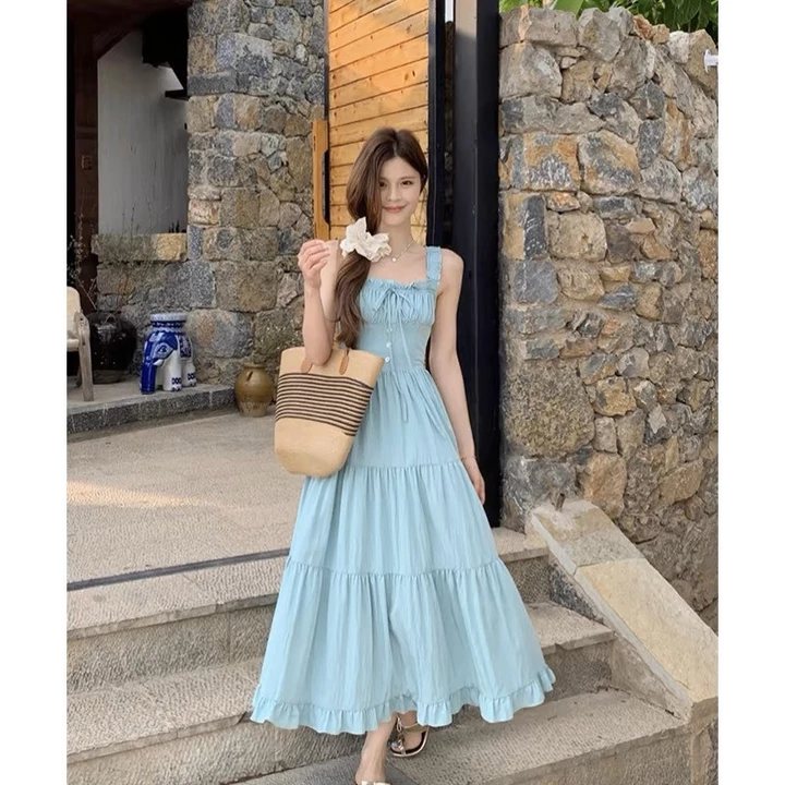 Váy maxi nữ dáng dài váy đi biển váy hai dây đầm maxi nữ váy yếm váy cup ngực cotton siêu mát đơn giản