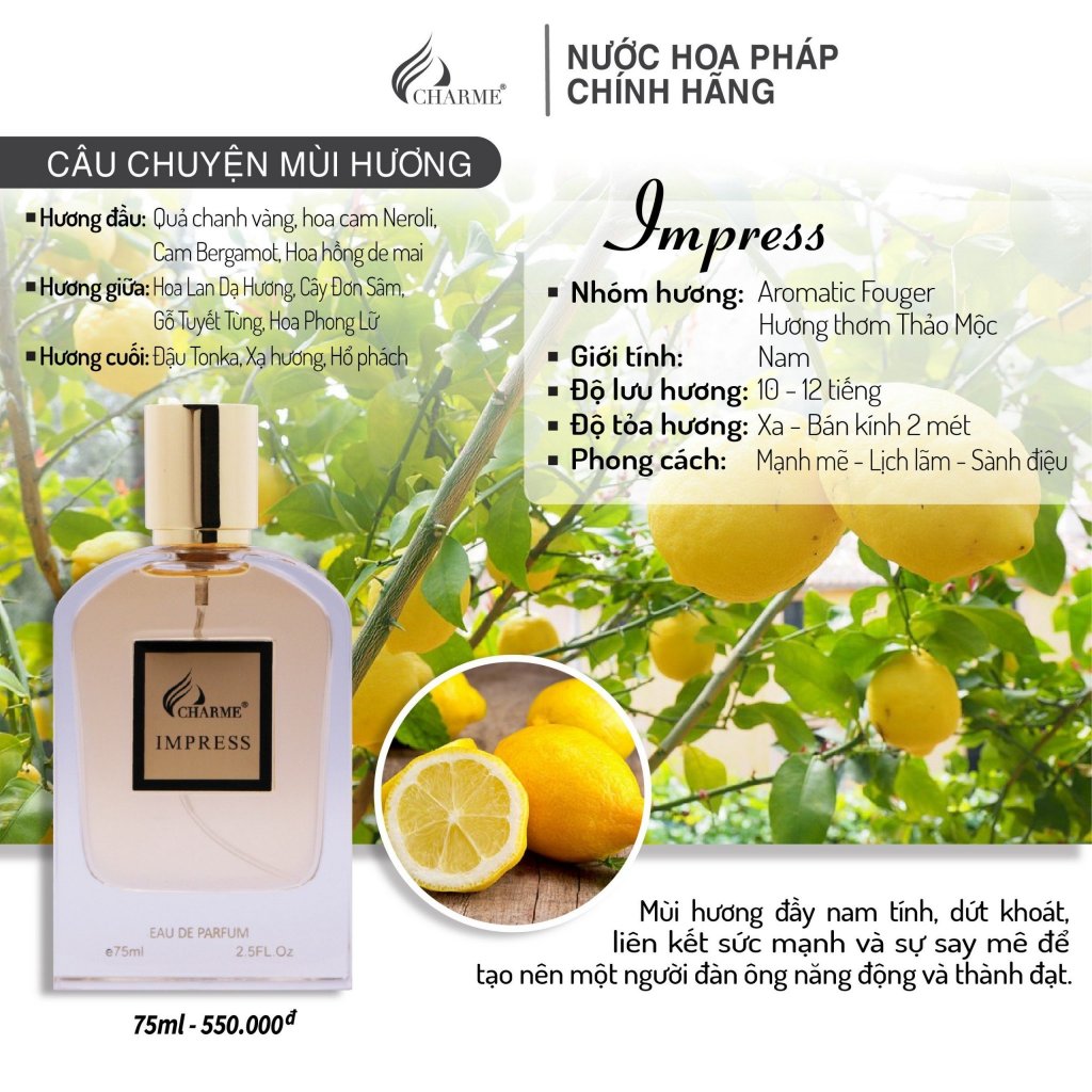 Ảnh Nước Hoa Nam CHARME IMPRESS 75ml Lưu Hương Lâu Phong Cách Quyến Rũ, Lôi Cuốn, Lịch Lãm 4