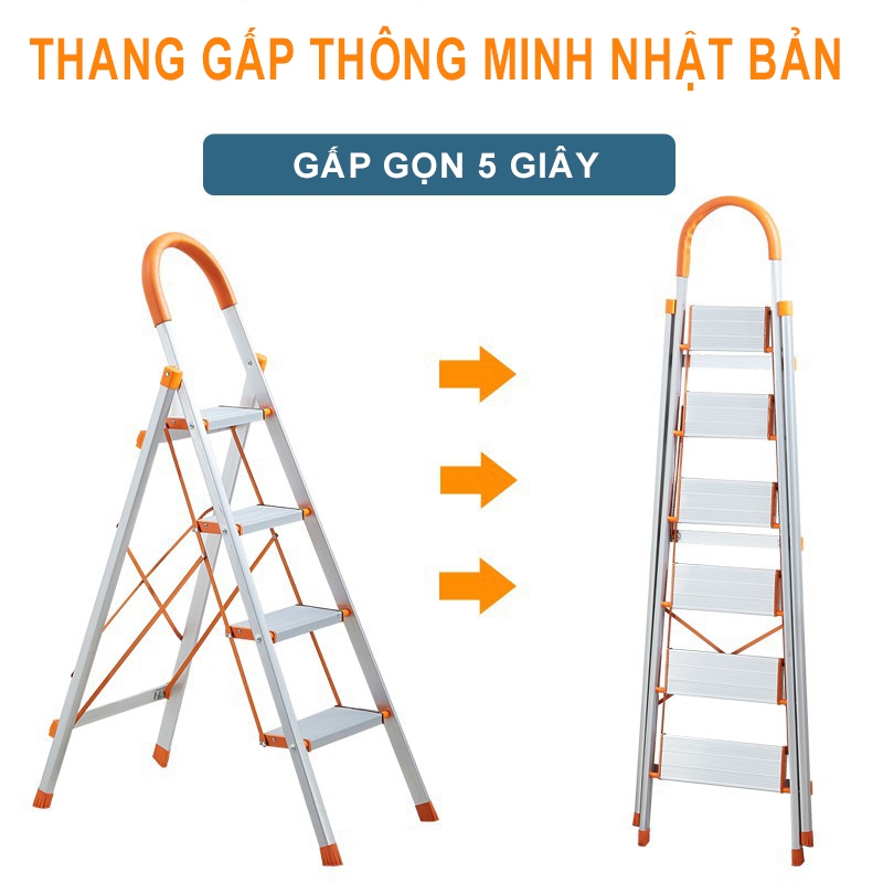 Thang Gấp Inox Chữ A 3-7 Bậc Ameca Nhật Bản, Thang Nhôm Ghế Tay Vịn Xếp Gọn Thông Minh MKS027