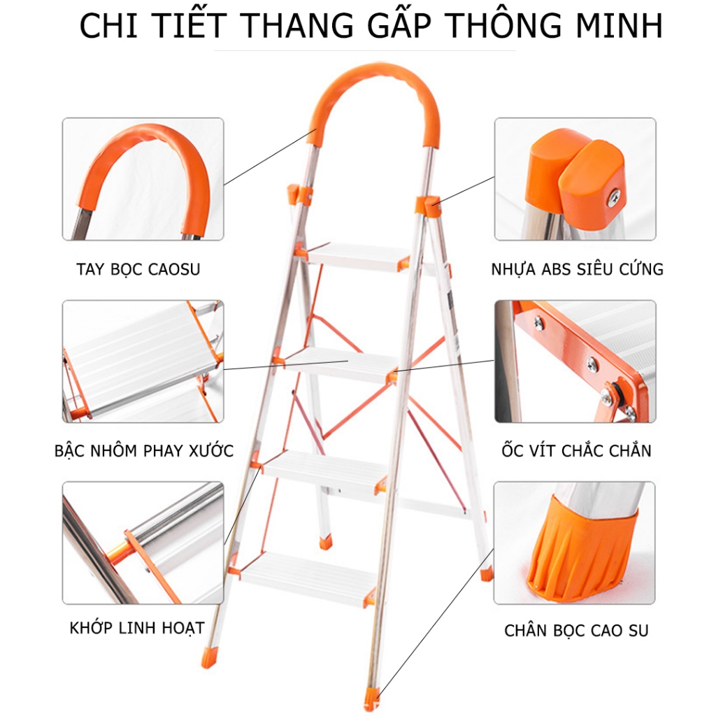 Thang Gấp Inox Chữ A 3-7 Bậc Ameca Nhật Bản, Thang Nhôm Ghế Tay Vịn Xếp Gọn Thông Minh MKS027