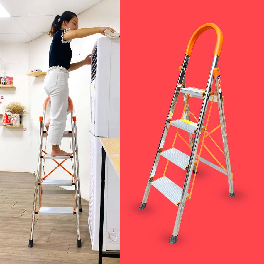 Thang Gấp Inox Chữ A 3-7 Bậc Ameca Nhật Bản, Thang Nhôm Ghế Tay Vịn Xếp Gọn Thông Minh MKS027