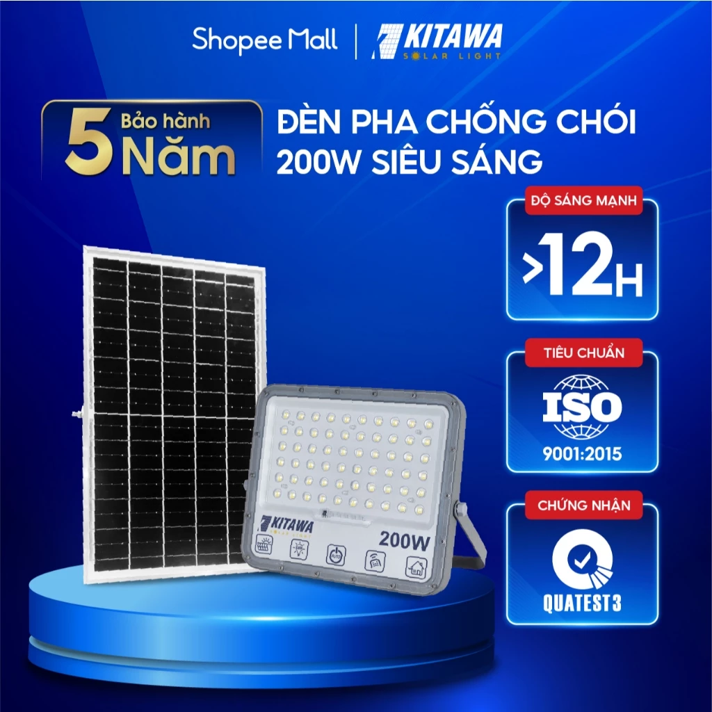 Đèn pha năng lượng mặt trời 200W chống chói KITAWA - DP15.200