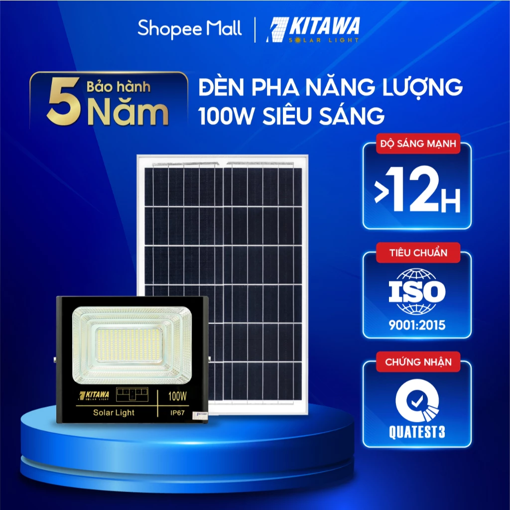 Đèn Pha Năng Lượng Mặt Trời Kitawa 100W; Bảo Hành 3 Năm; Chống Nước IP66