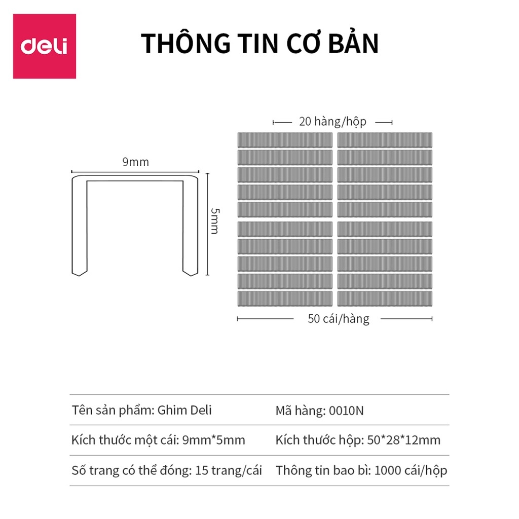 [Combo 5] Ghim Dập Tài Liệu Số 10 12 Deli - Hộp Ghim Bấm 1000 cái