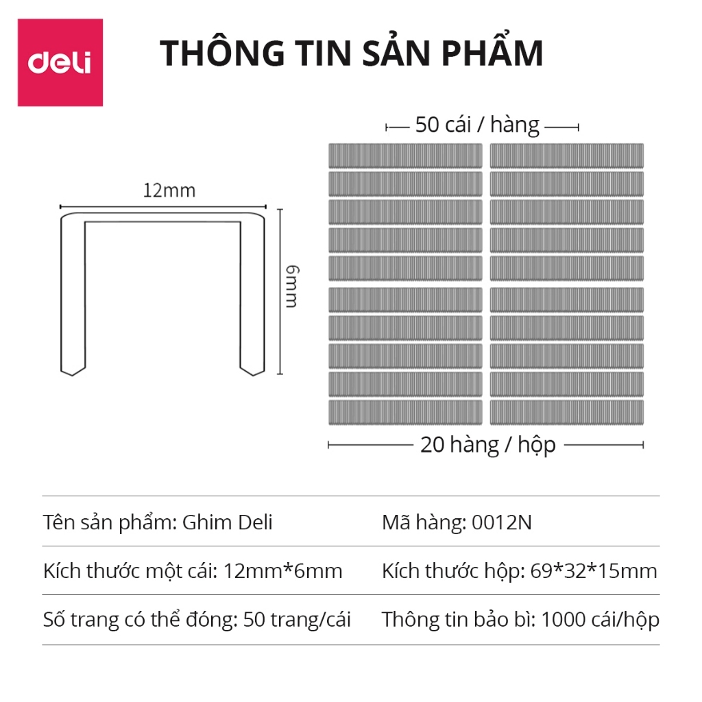 [Combo 5] Ghim Dập Tài Liệu Số 10 12 Deli - Hộp Ghim Bấm 1000 cái