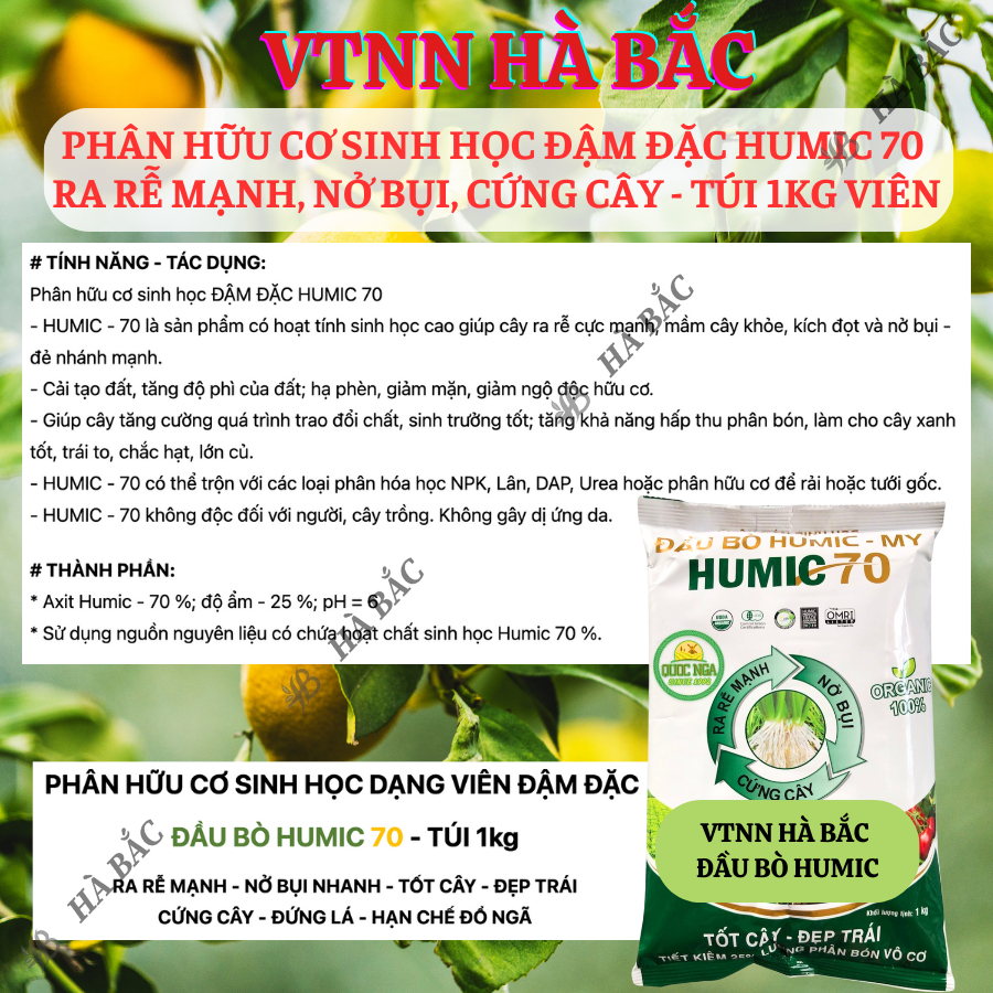Phân Hữu Cơ Sinh Học Đậm Đặc Humic 70 Đầu Bò, Ra Rễ Mạnh, Nở Bụi, Cứng Cây - Túi 1KG Viên