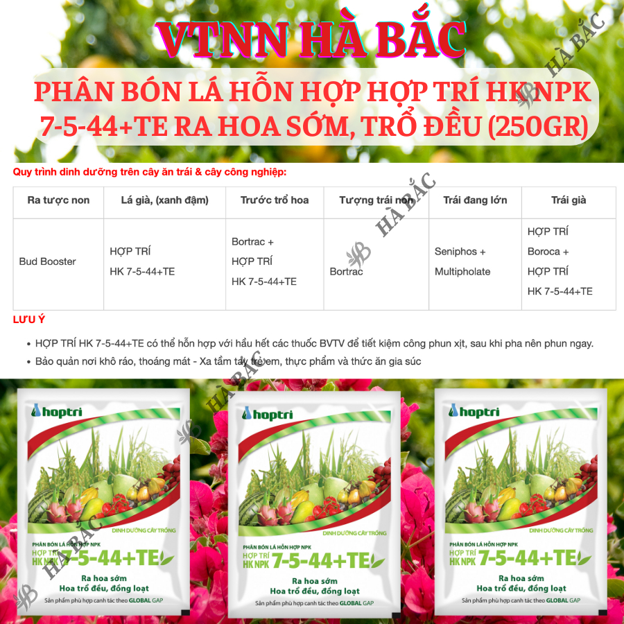 Phân Bón Lá Hỗn Hợp Hợp Trí HK NPK 7-5-44+Te Ra Hoa Sớm, Trổ Đều (250gram)