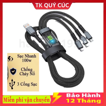 Dây Cáp Sạc Nhanh - Dây Sạc Tự Ngắt 3 Đầu 100W Micro USB Type C 3 trong 1 Dài 1m2 - Dây Sạc nhanh