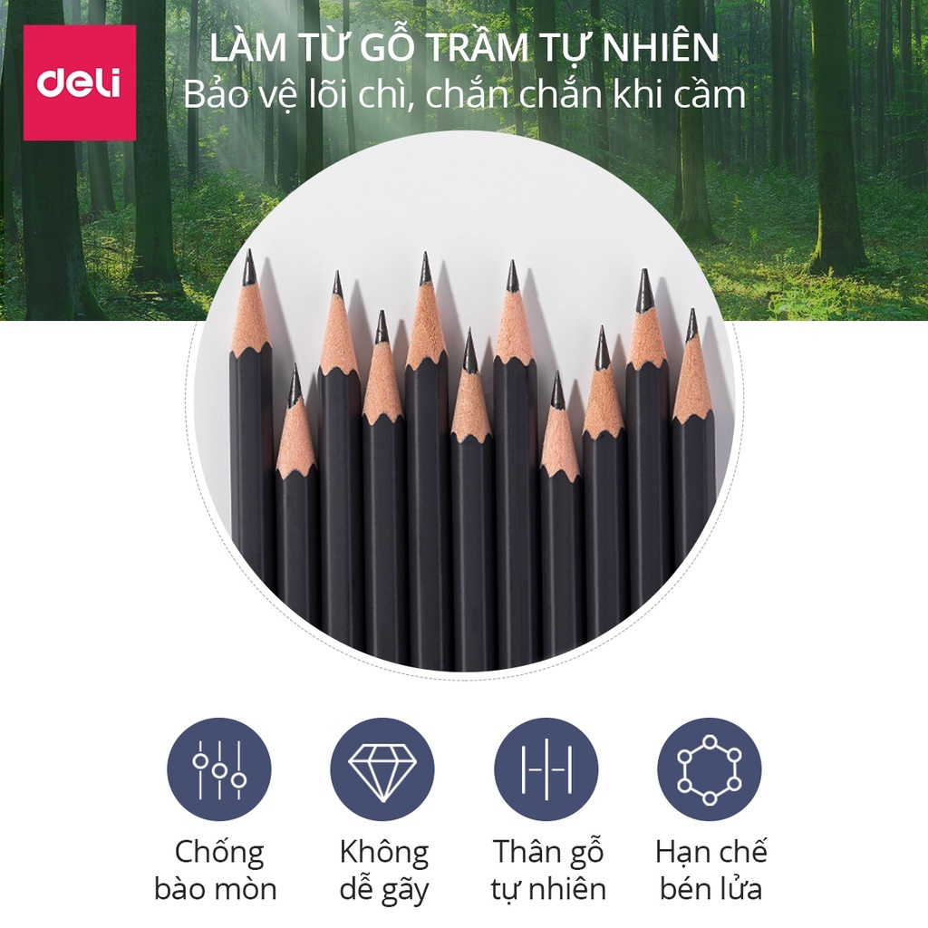 Hộp Bút Chì Phác Thảo Cao Cấp Deli 2H, HB, 2B, 4B, 6B, 8B Dành Cho Mỹ Thuật Chuyên Nghiệp Chì Mềm Độ Đậm Chuẩn