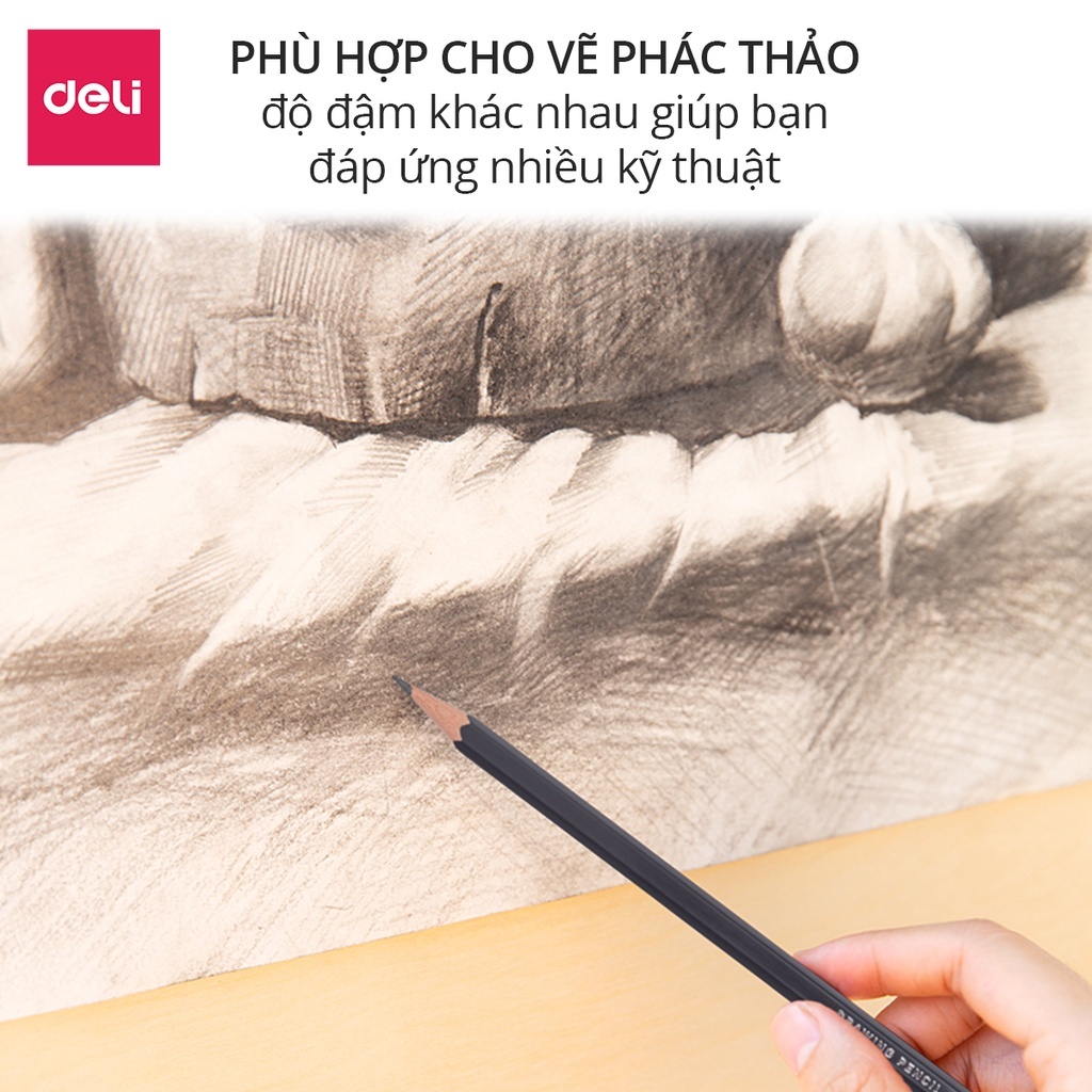 Hộp Bút Chì Phác Thảo Cao Cấp Deli 2H, HB, 2B, 4B, 6B, 8B Dành Cho Mỹ Thuật Chuyên Nghiệp Chì Mềm Độ Đậm Chuẩn