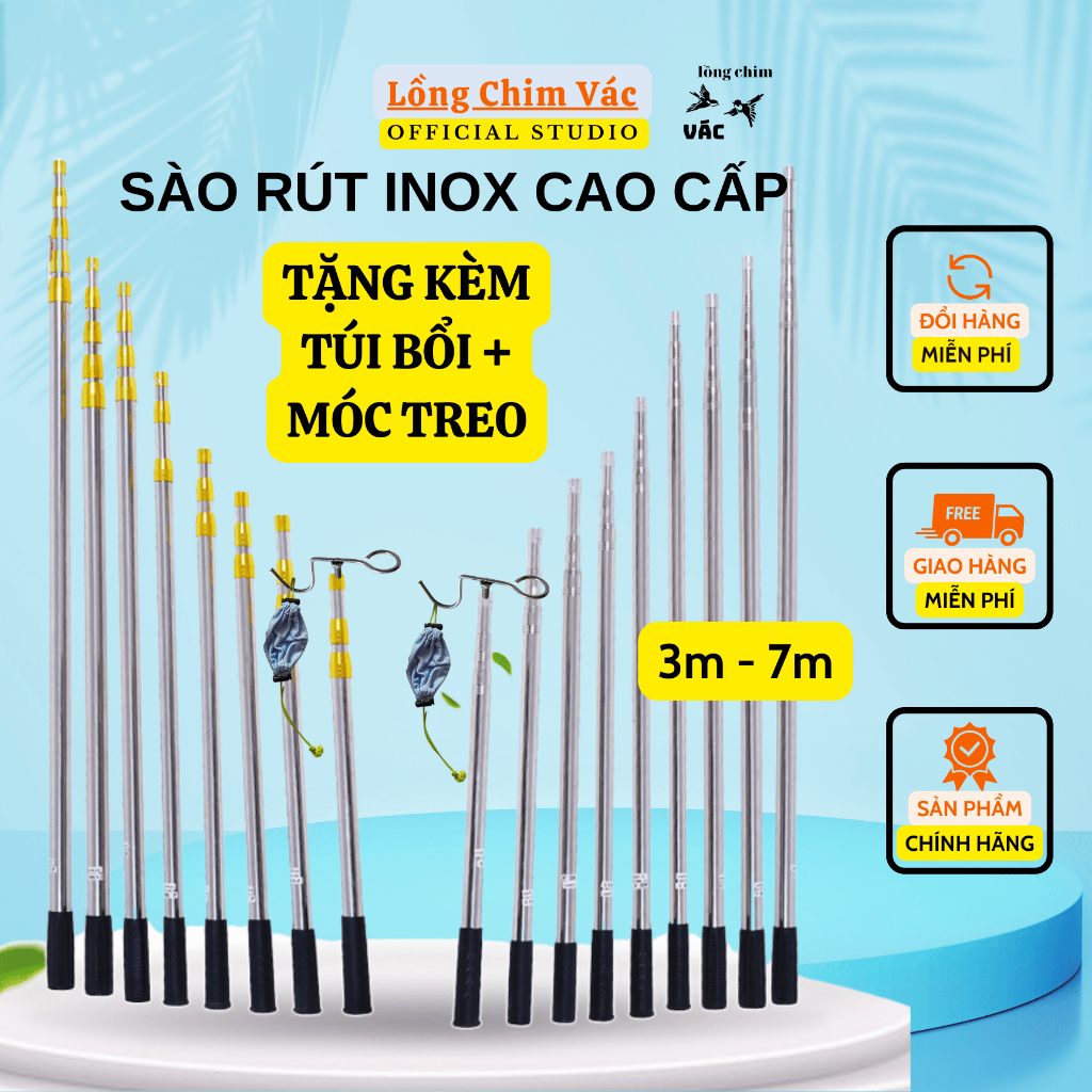Sào Rút Treo Lồng Chim, Sào Rút Inox Cao Cấp 3M - 7M, Tặng Kèm Móc Treo ...