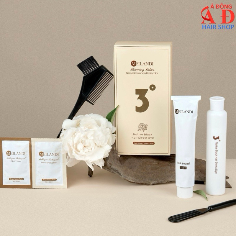 Thuốc nhuộm tóc màu ĐEN TUYỀN Meilandi Số 3 bóng mượt an toàn da đầu - Hộp 100ml*2 full dụng cụ