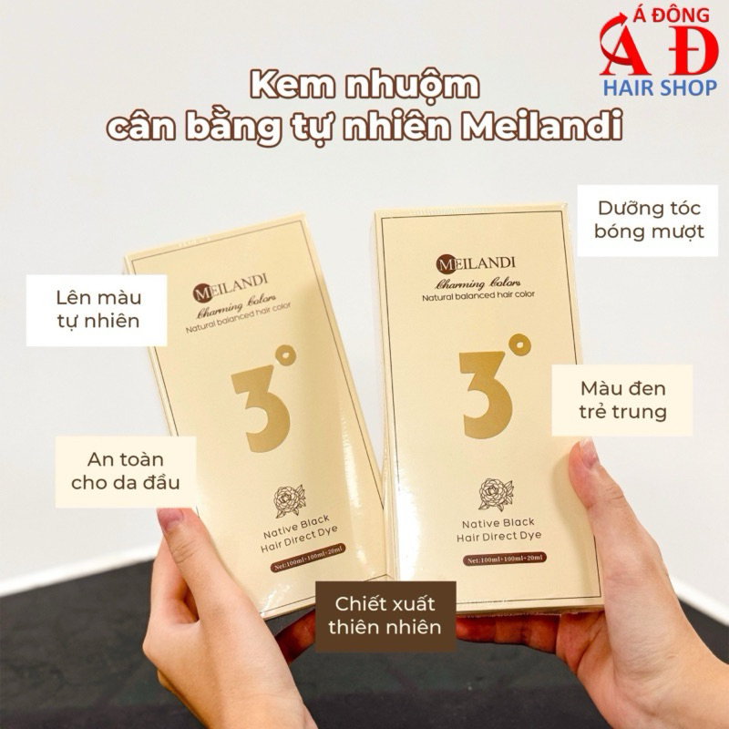Thuốc nhuộm tóc màu ĐEN TUYỀN Meilandi Số 3 bóng mượt an toàn da đầu - Hộp 100ml*2 full dụng cụ
