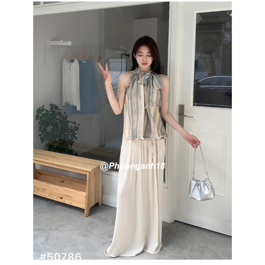 Set áo cổ yếm mĩ quần xuông họa tiết đơn giản