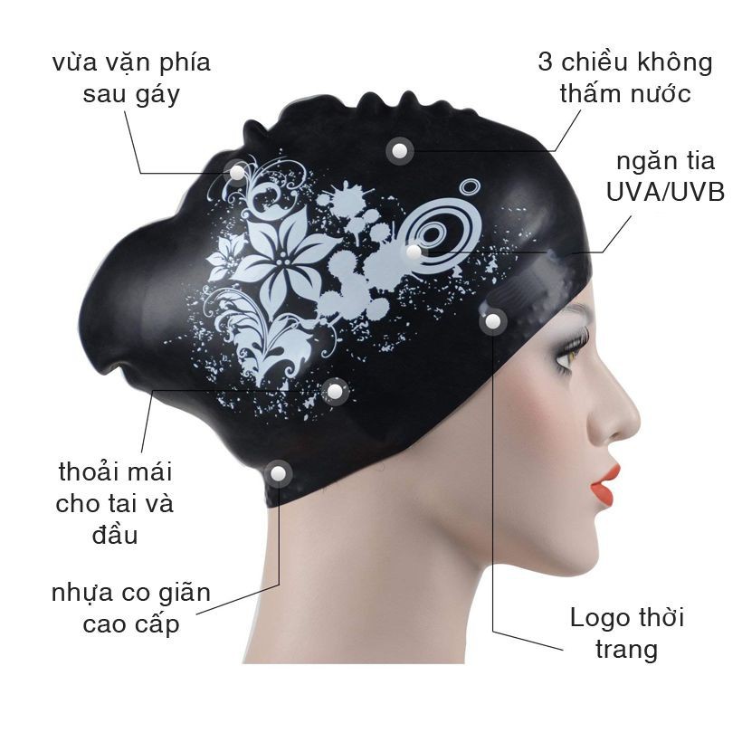 Nón bơi nữ chùm tóc dài SPORTY CA35 sử dụng cho người lớn cho bé gái, trẻ em trên 6 tuổi
