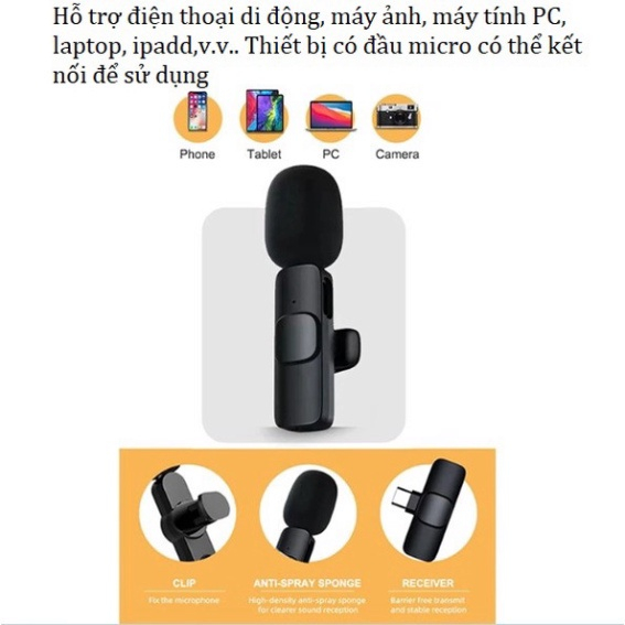 Mic cài áo, Mic thu âm không dây cài áo K9 - Micro thu âm lọc tiếng ồn hiệu quả khoảng cách lên đến 20m BH 12TH