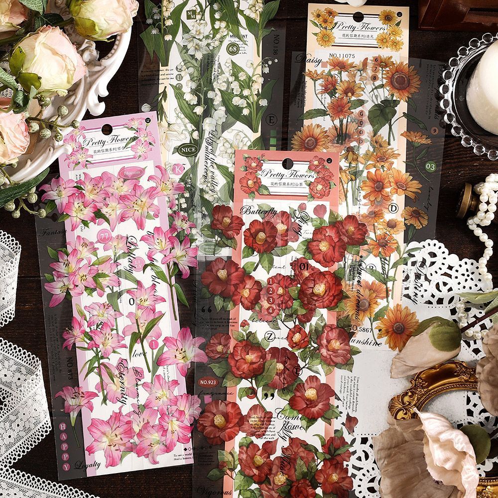 Set 3 tấm sticker trong suốt PRETTY FLOWER HOA LINH LAN CÚC TRÀ CỎ THƯ ...