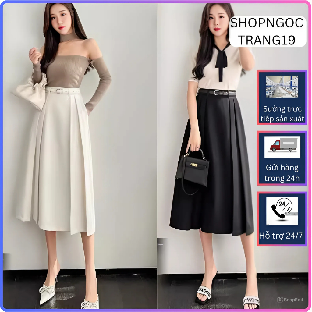 Chân Váy Chữ A Xếp Ly Dáng Dài 75cm_Tặng Đai Da Đen_SHOPNGOCTRANG19_Thời Trang Nữ 2024_CV149