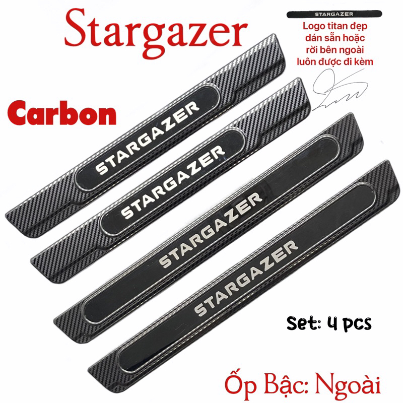Ốp bậc cửa, nẹp bước chân trong, ngoài xe Hyundai Stargazer 2022, 2023, 2024, vân cacbon cao cấp, sáng bóng