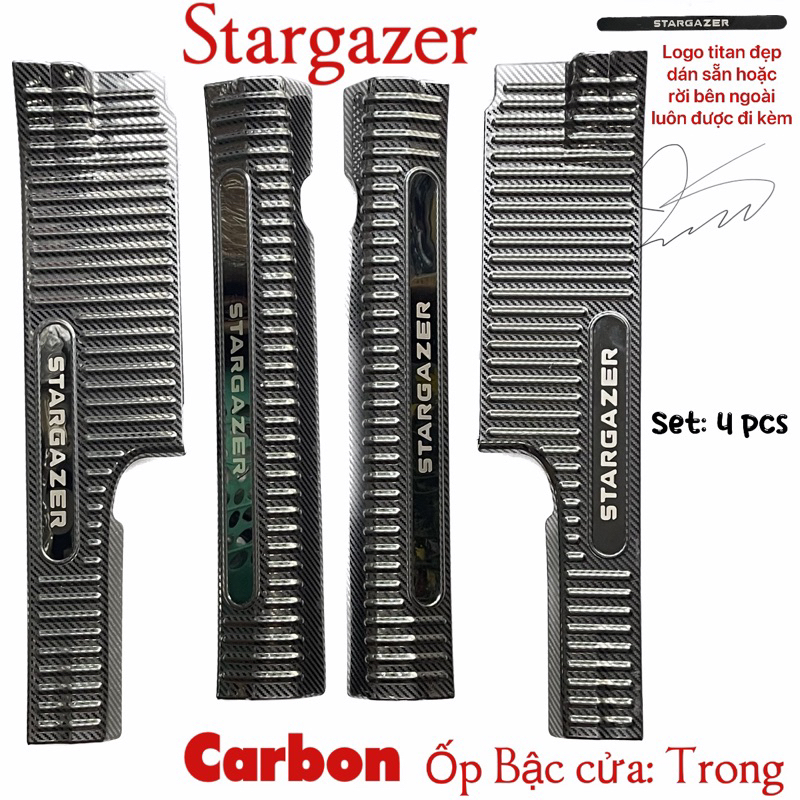 Ốp bậc cửa, nẹp bước chân trong, ngoài xe Hyundai Stargazer 2022, 2023, 2024, vân cacbon cao cấp, sáng bóng