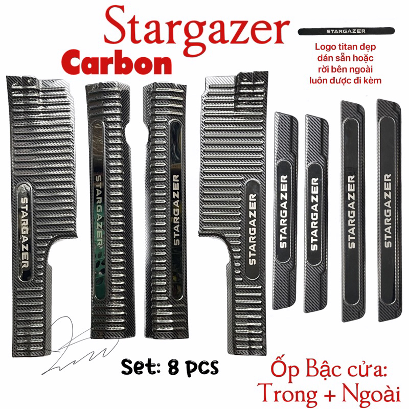 Ốp bậc cửa, nẹp bước chân trong, ngoài xe Hyundai Stargazer 2022, 2023, 2024, vân cacbon cao cấp, sáng bóng