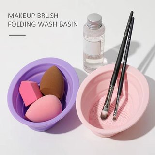 COMBO 2 Dụng Cụ Vệ Sinh Cọ Trang Điểm Mút Bông Đánh Phấn Siêu Sạch, Chậu Silicon Gấp Gọn Vệ Sinh Đồ Trang Điểm 88826