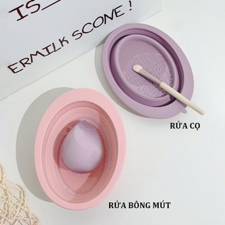COMBO 2 Dụng Cụ Vệ Sinh Cọ Trang Điểm Mút Bông Đánh Phấn Siêu Sạch, Chậu Silicon Gấp Gọn Vệ Sinh Đồ Trang Điểm 88826