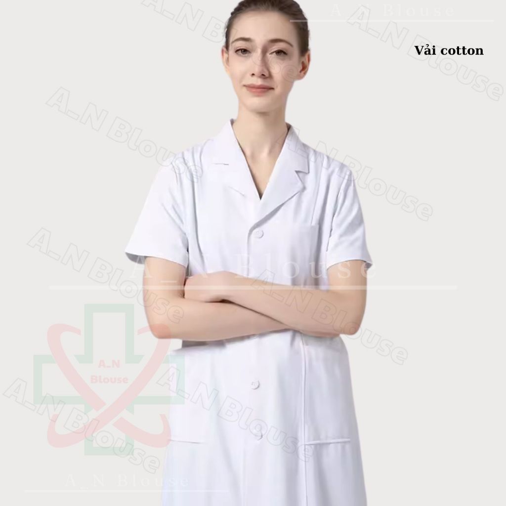 Áo bác sĩ cao cấp vải cotton dài gần đầu gối phục vụ cho bệnh viện, các phòng thí nghiệm, spa, thẩm mĩ viện
